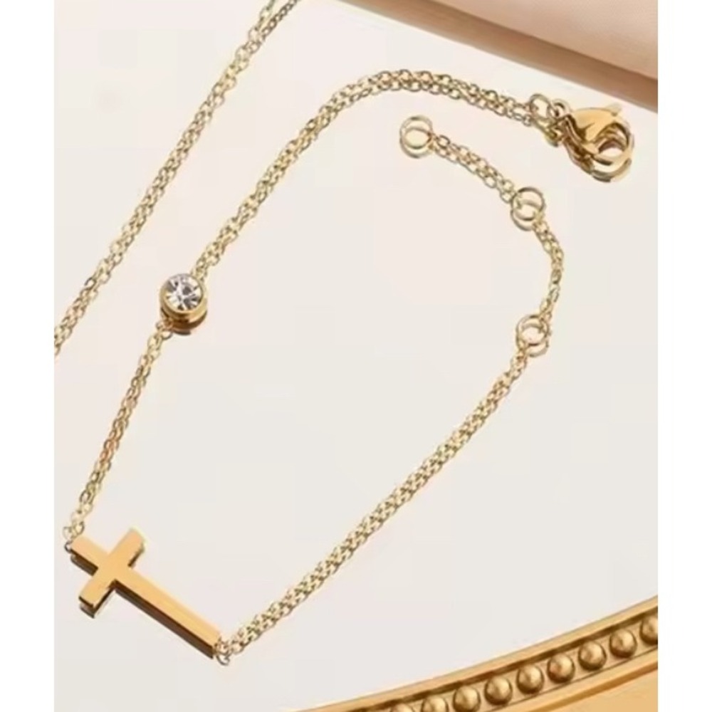 Cross Bracelet 14k Stainless Steel Tarnish Resistant Bracelet hypoallergenic 7in - Picture 5 of 6